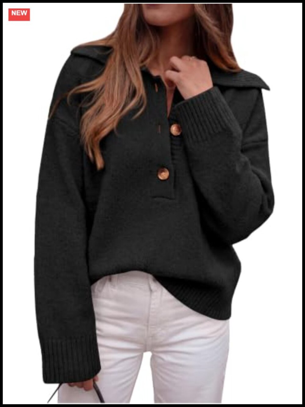 Women's Long Sleeve Polo Pullover Sweater Chunky Knit Preppy Button Up